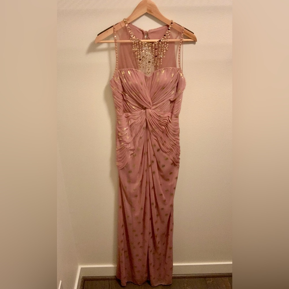 NWT Adrianna Papell mermaid gown with gold feather accents